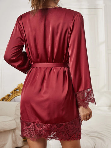 Embroidered Mesh Trim Satin Slips With Belted Robe no