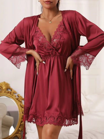 Embroidered Mesh Trim Satin Slips With Belted Robe no