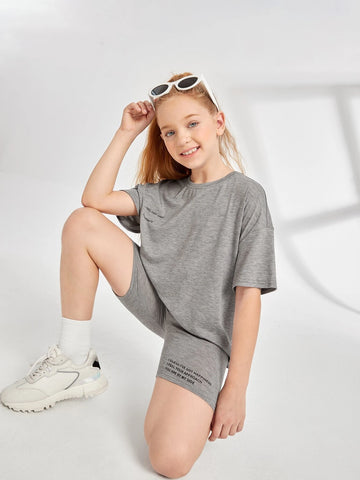 Girls Slogan Graphic Tee & Biker Shorts Set