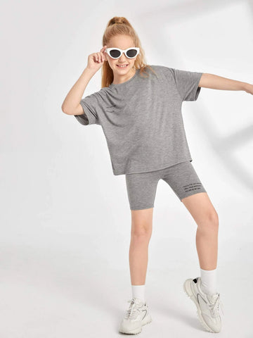 Girls Slogan Graphic Tee & Biker Shorts Set