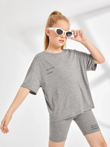 Girls Slogan Graphic Tee & Biker Shorts Set