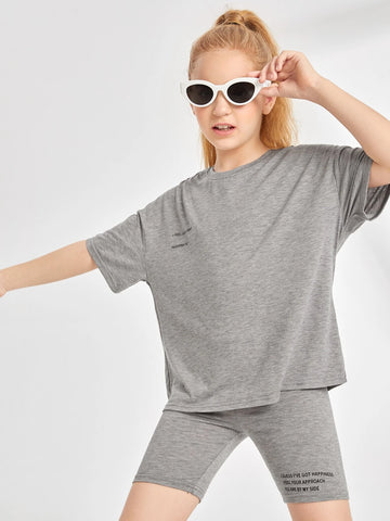 Girls Slogan Graphic Tee & Biker Shorts Set