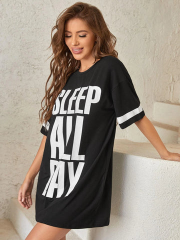 Slogan Graphic Contrast Panel Sleep Dress