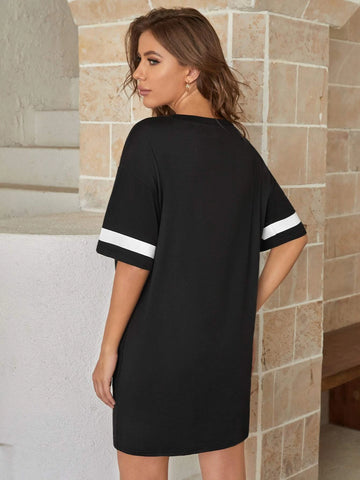 Slogan Graphic Contrast Panel Sleep Dress