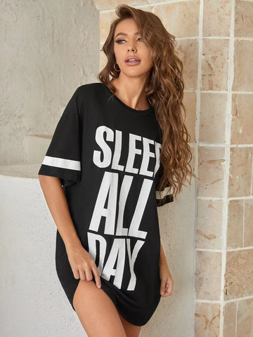 Slogan Graphic Contrast Panel Sleep Dress