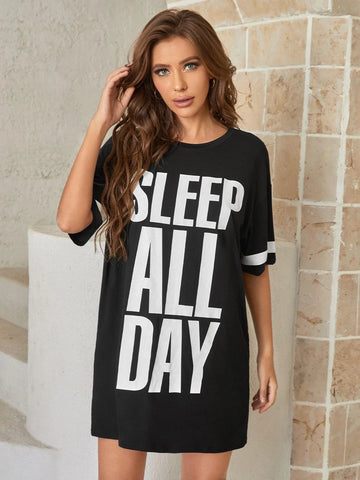 Slogan Graphic Contrast Panel Sleep Dress