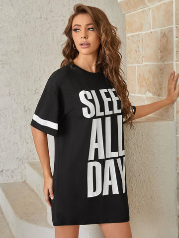 Slogan Graphic Contrast Panel Sleep Dress