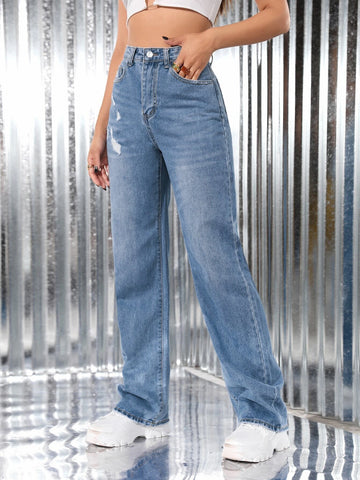 High Waist Ripped Straight Leg Jeans