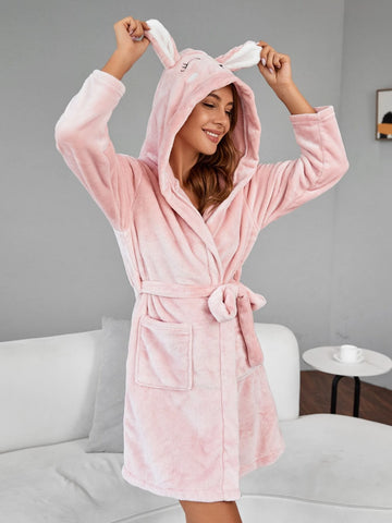 Cartoon Embroidery 3D Ears Design Hooded Belted Flannel Night Robe