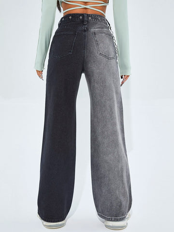 High Waist Wide Leg Grommet Eyelet Jeans With Chain
