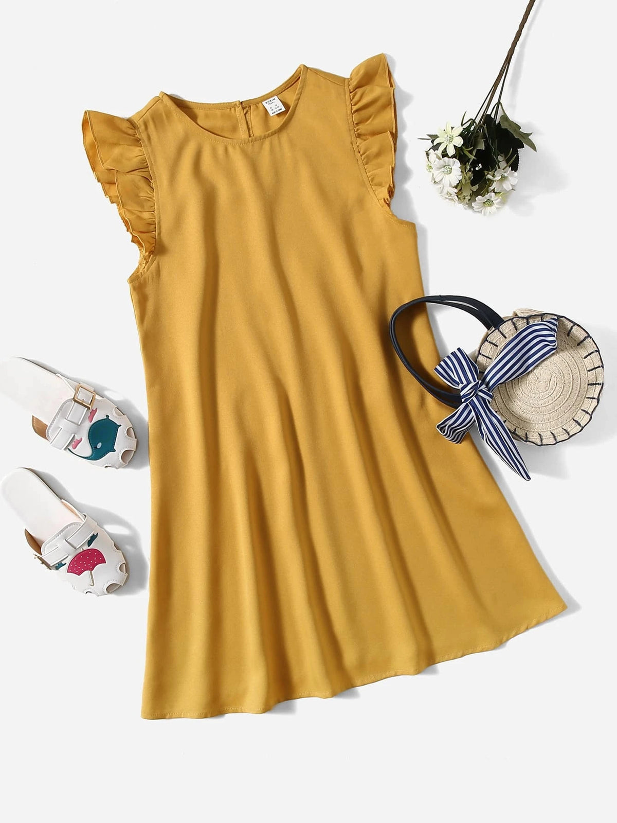 Teen Girls Keyhole Back Ruffle Armhole Solid Dress