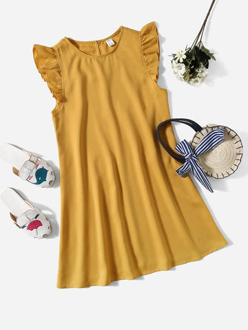 Teen Girls Keyhole Back Ruffle Armhole Solid Dress