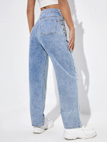 High Waisted Chain Lace Up Jeans