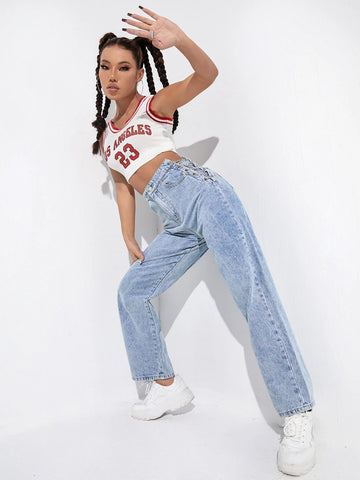 High Waisted Chain Lace Up Jeans