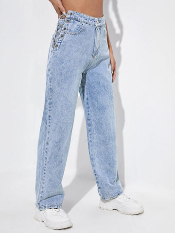 High Waisted Chain Lace Up Jeans