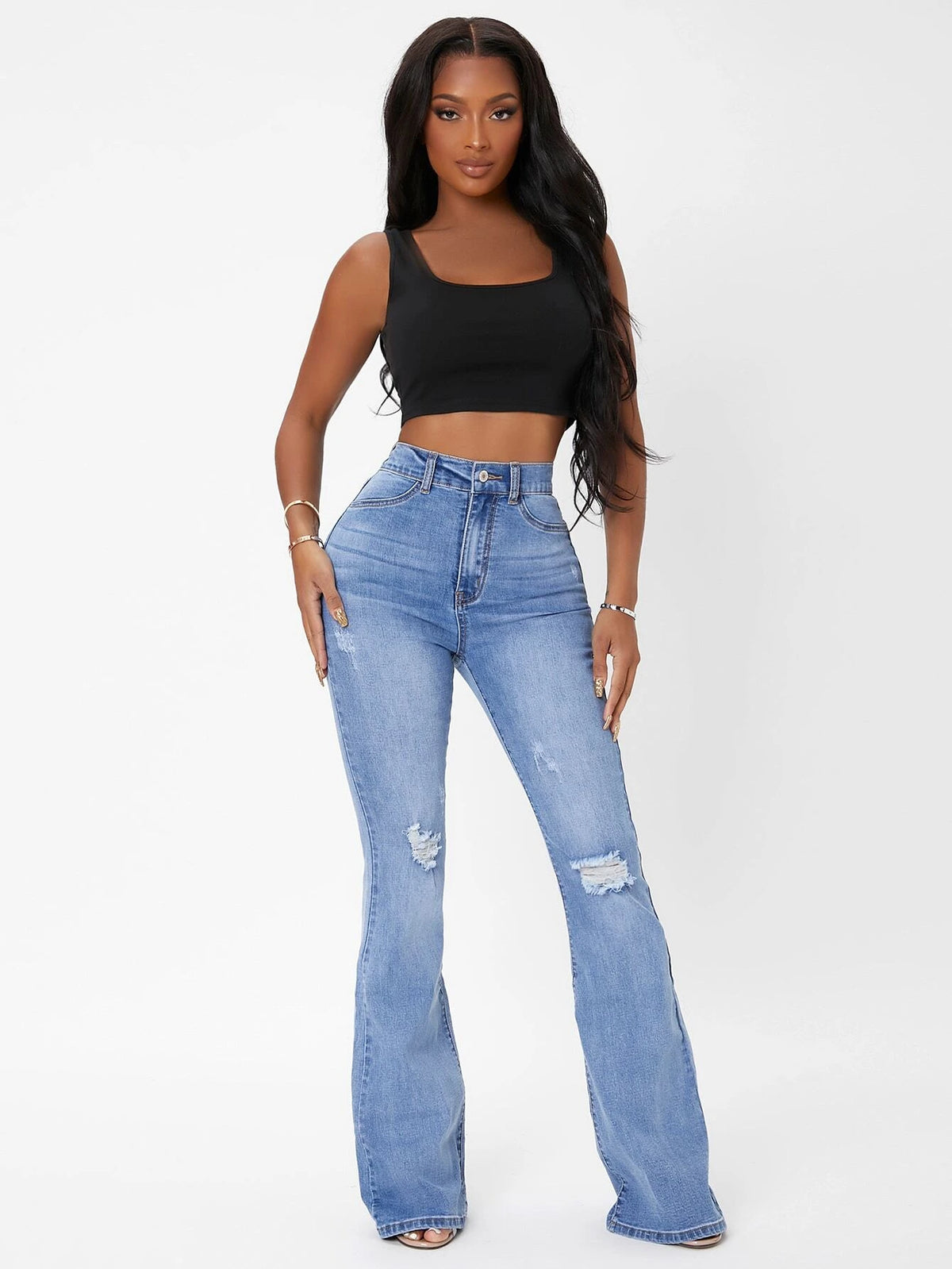 SXY High Waist Ripped Flared Leg Jeans