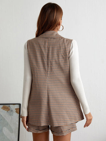 Plaid Lapel Collar Single Button Waistcoat With Shorts