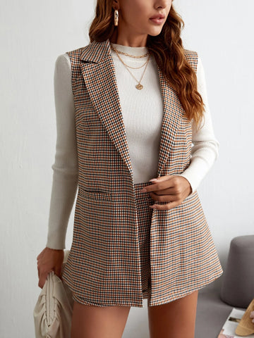 Plaid Lapel Collar Single Button Waistcoat With Shorts