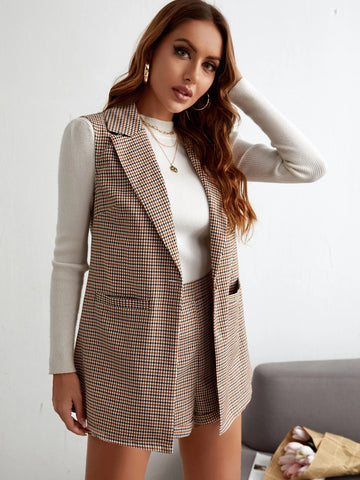 Plaid Lapel Collar Single Button Waistcoat With Shorts