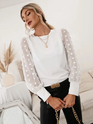 Solid Swiss Dot Bishop Sleeve Blouse