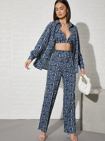 Tie Dye Crop Cami Top With Blouse & Pants Set