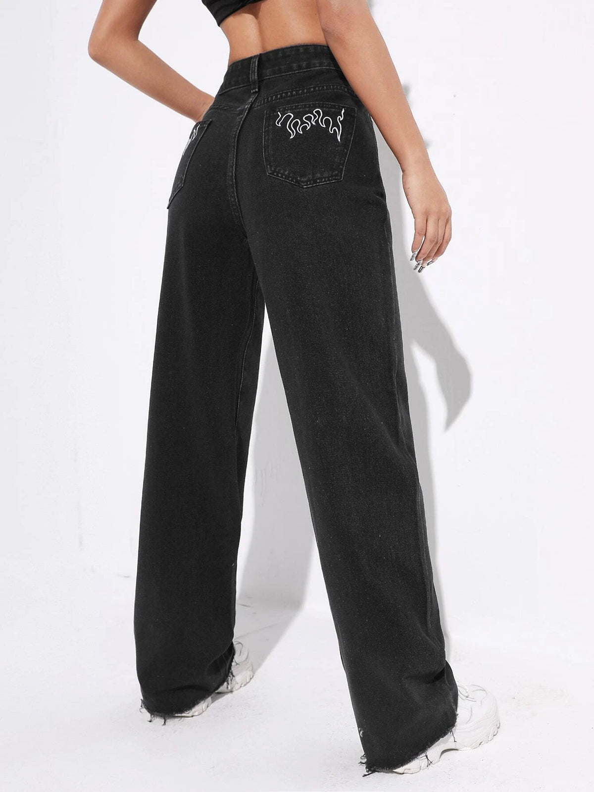 Fire Print Raw Hem Straight Leg Jeans