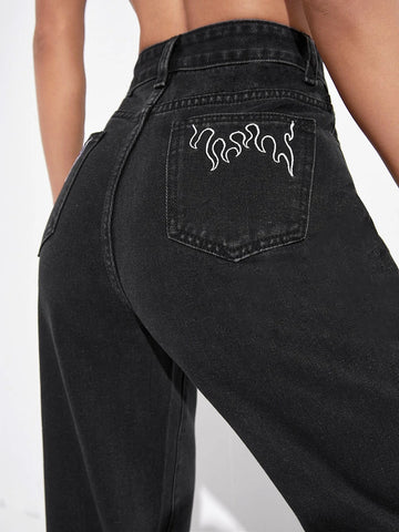 Fire Print Raw Hem Straight Leg Jeans