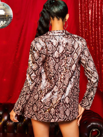 Snakeskin Print Crop Tube Top & Lapel Neck Blazer And Shorts