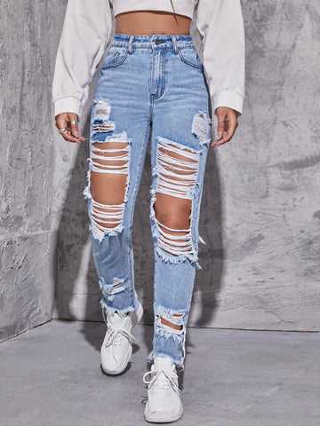 High Waisted Ripped Raw Hem Jeans