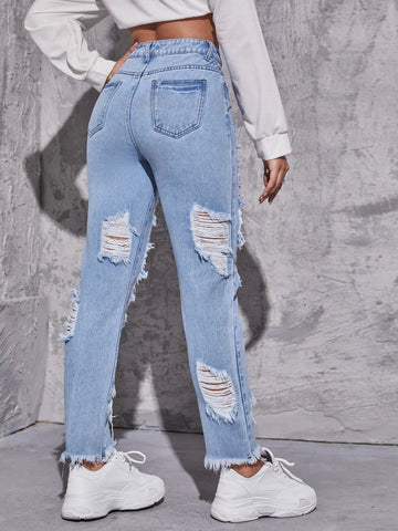 High Waisted Ripped Raw Hem Jeans