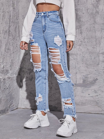High Waisted Ripped Raw Hem Jeans