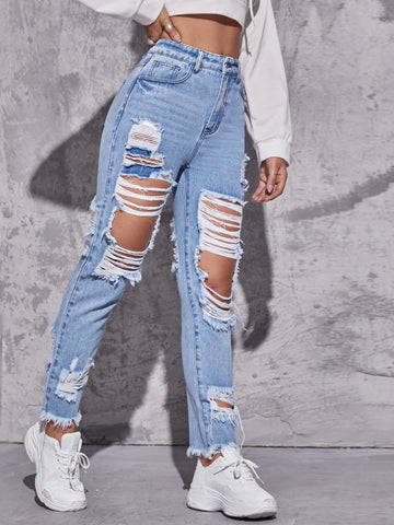 High Waisted Ripped Raw Hem Jeans