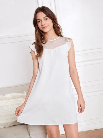 Teen Girls Mesh Insert Ruffle Trim Tunic Dress