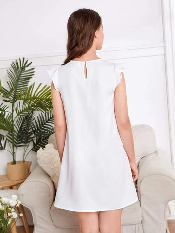 Teen Girls Mesh Insert Ruffle Trim Tunic Dress