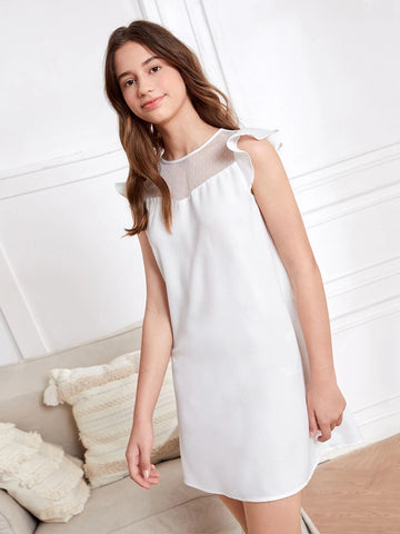 Teen Girls Mesh Insert Ruffle Trim Tunic Dress