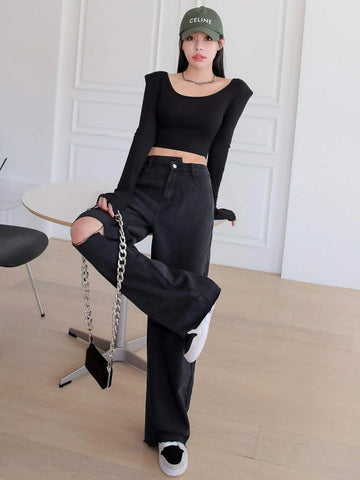 DAZY Stepped Waist Knee Ripped Boyfriend Jeans