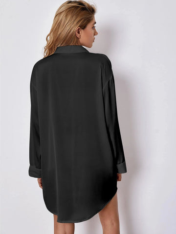Drop Shoulder Lapel Collar Satin Nightdress