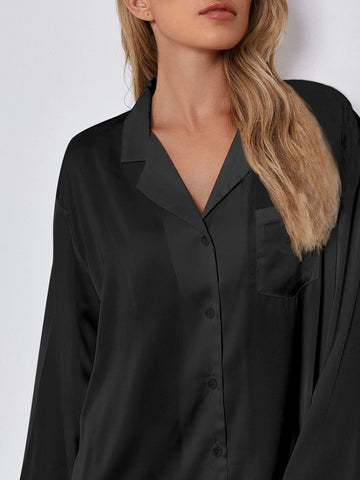 Drop Shoulder Lapel Collar Satin Nightdress