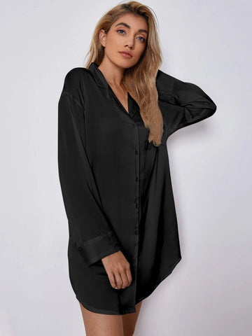 Drop Shoulder Lapel Collar Satin Nightdress