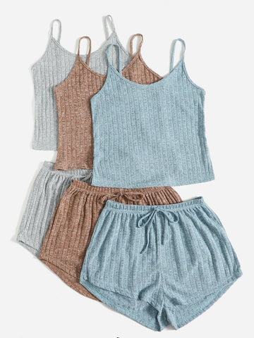 3sets Ribbed Knit Cami Top & Tie Front Shorts Lounge Set