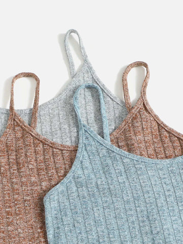 3sets Ribbed Knit Cami Top & Tie Front Shorts Lounge Set