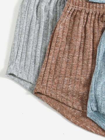 3sets Ribbed Knit Cami Top & Tie Front Shorts Lounge Set