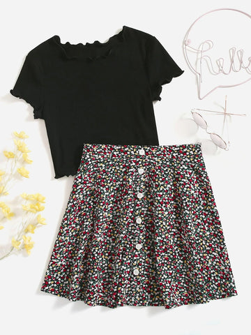 Teen Girls Lettuce Trim Tee & Ditsy Floral Print Skirt
