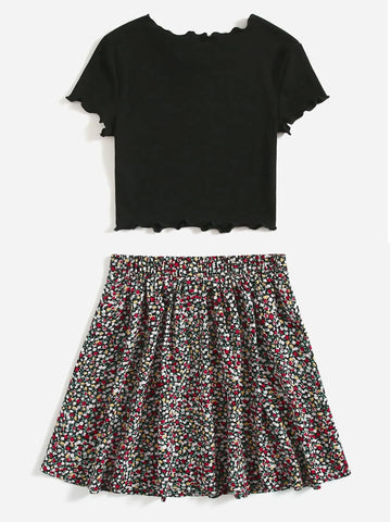 Teen Girls Lettuce Trim Tee & Ditsy Floral Print Skirt