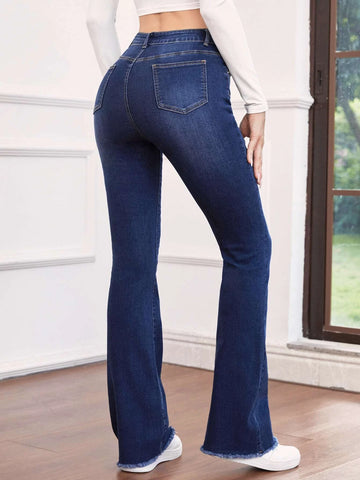 High Waist Ripped Raw Trim Flare Leg Jeans