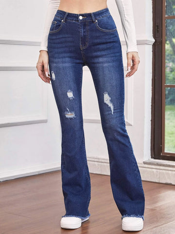 High Waist Ripped Raw Trim Flare Leg Jeans
