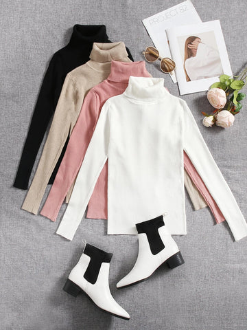 4pcs Solid Turtleneck Ribbed Knit Sweater