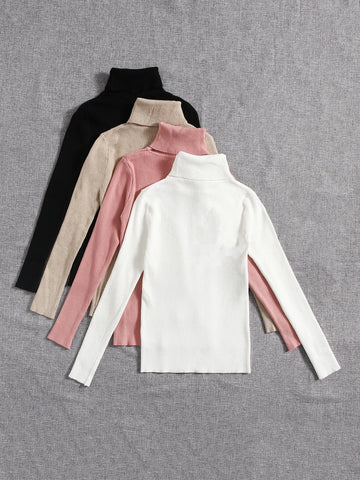 4pcs Solid Turtleneck Ribbed Knit Sweater