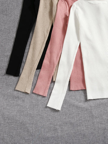 4pcs Solid Turtleneck Ribbed Knit Sweater