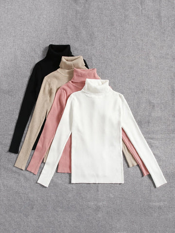 4pcs Solid Turtleneck Ribbed Knit Sweater